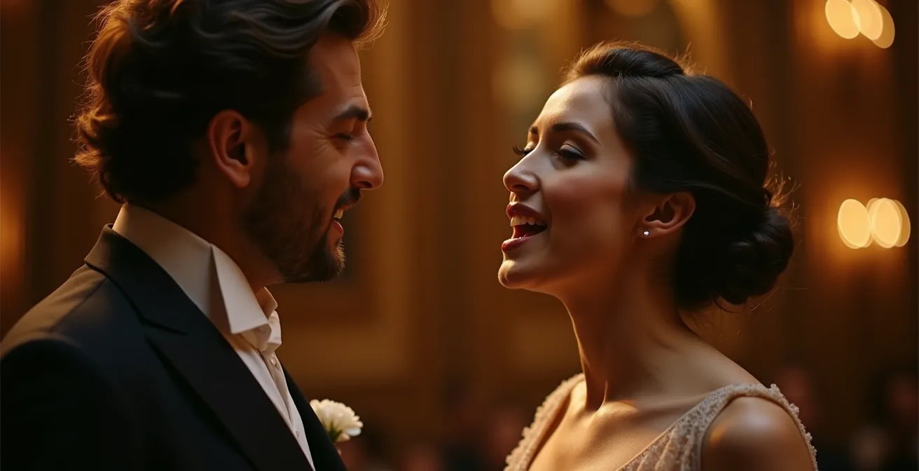 Portrait rapproché d'une chanteuse lyrique française en pleine performance