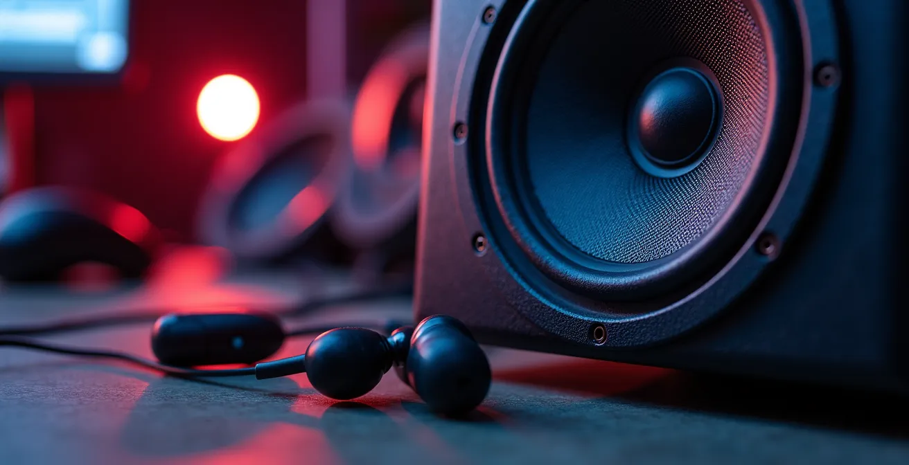 Gros plan sur des wedges de scène positionnés à côté d'un système in-ear professionnel