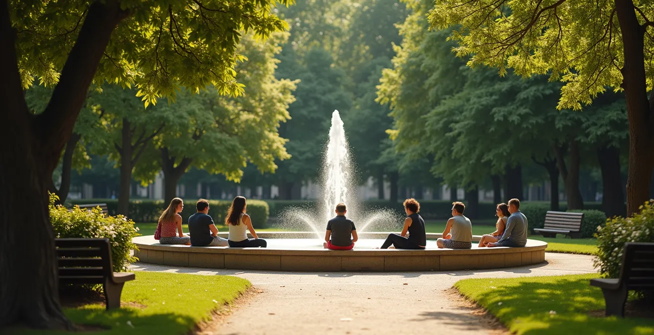 Parc urbain français avec fontaine centrale et végétation dense créant une ambiance sonore apaisante
