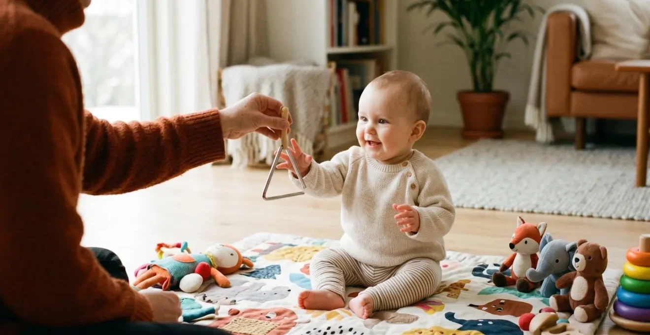 Un bébé et son parent partageant un moment musical joyeux avec des instruments de taille adaptée et des personnages attachants.