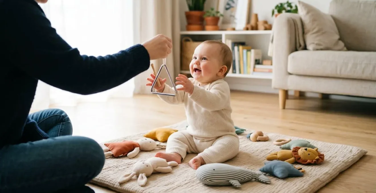 Un bébé et son parent partageant un moment musical joyeux avec des instruments de taille adaptée et des personnages attachants.