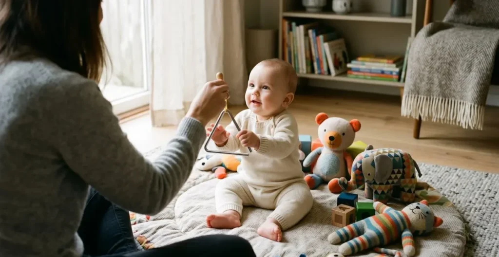 Un bébé et son parent partageant un moment musical joyeux avec des instruments de taille adaptée et des personnages attachants. Un bébé et son parent partageant un moment musical joyeux avec des instruments de taille adaptée et des personnages attachants.